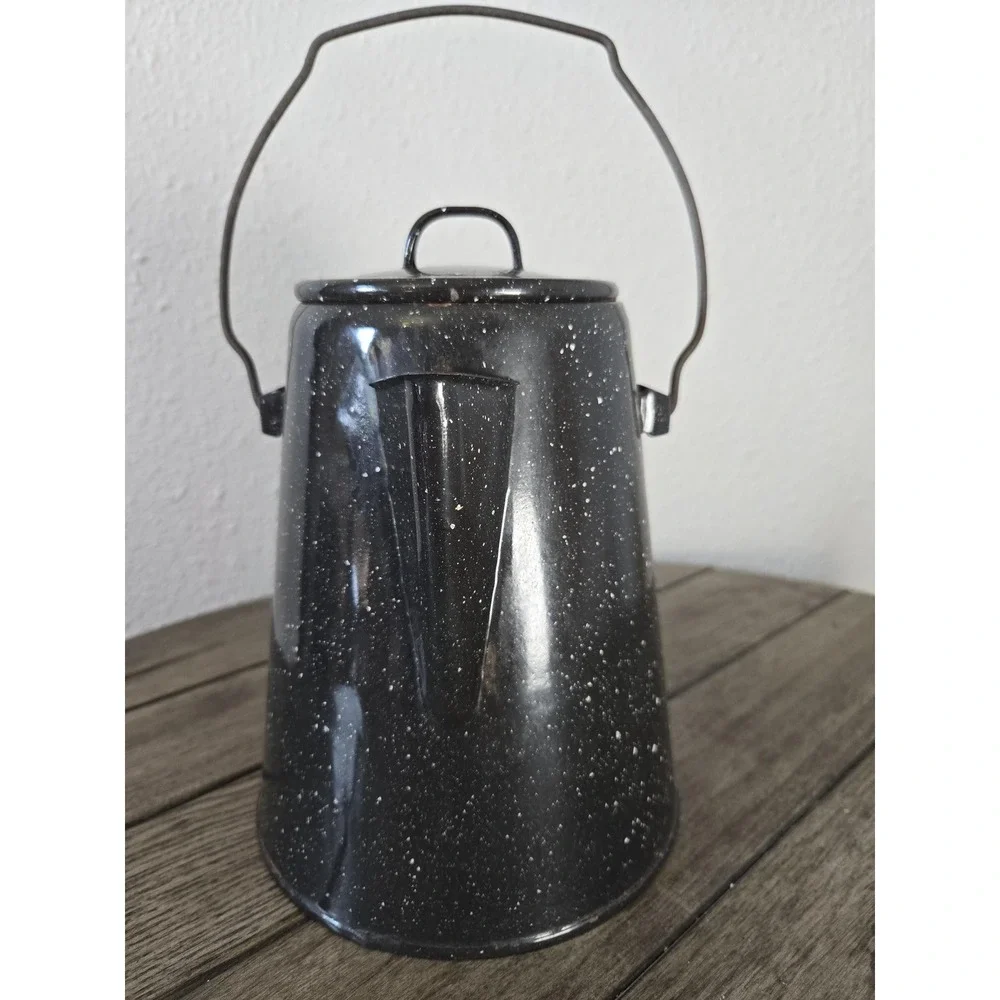 Vintage Black & White Speckled Enamelware Graniteware Cowboy Style Coffee Pot